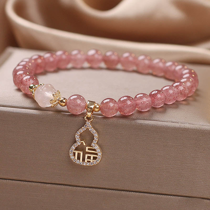 Strawberry Quartz Gourd Fu Character Charm Positive Bracelet
