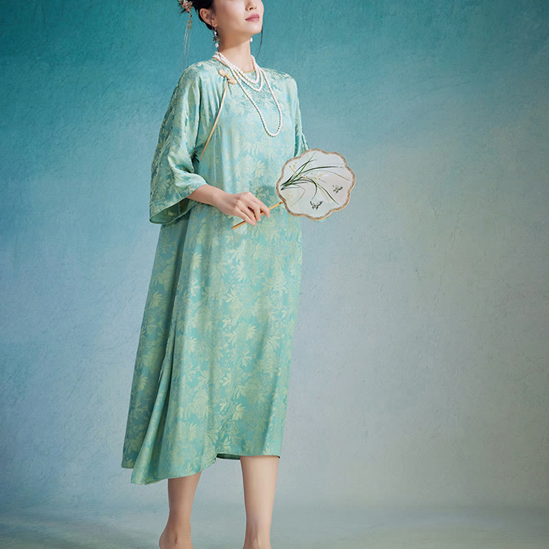 Small Flower Leaf Jacquard Chinese Cheongsam Qipao Midi Dress With Pockets