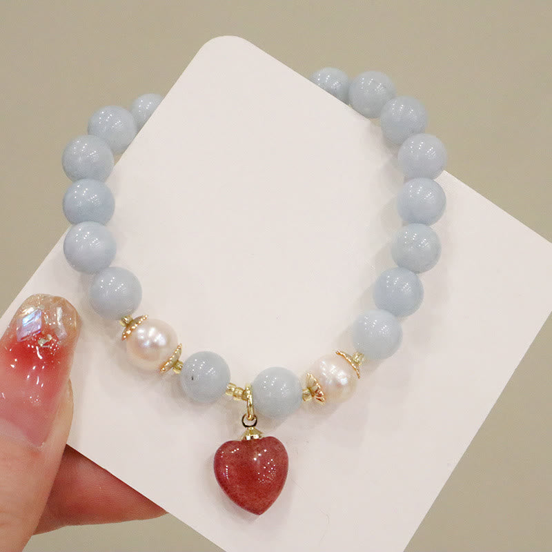 Natural Aquamarine & Chalcedony Beaded Charm Bracelet with Pearl & Symbolic Accents