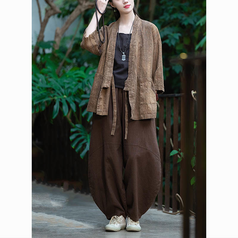 Hanfu Design Three Quarter Sleeve Ramie Linen Coat Open Front Top Jacket