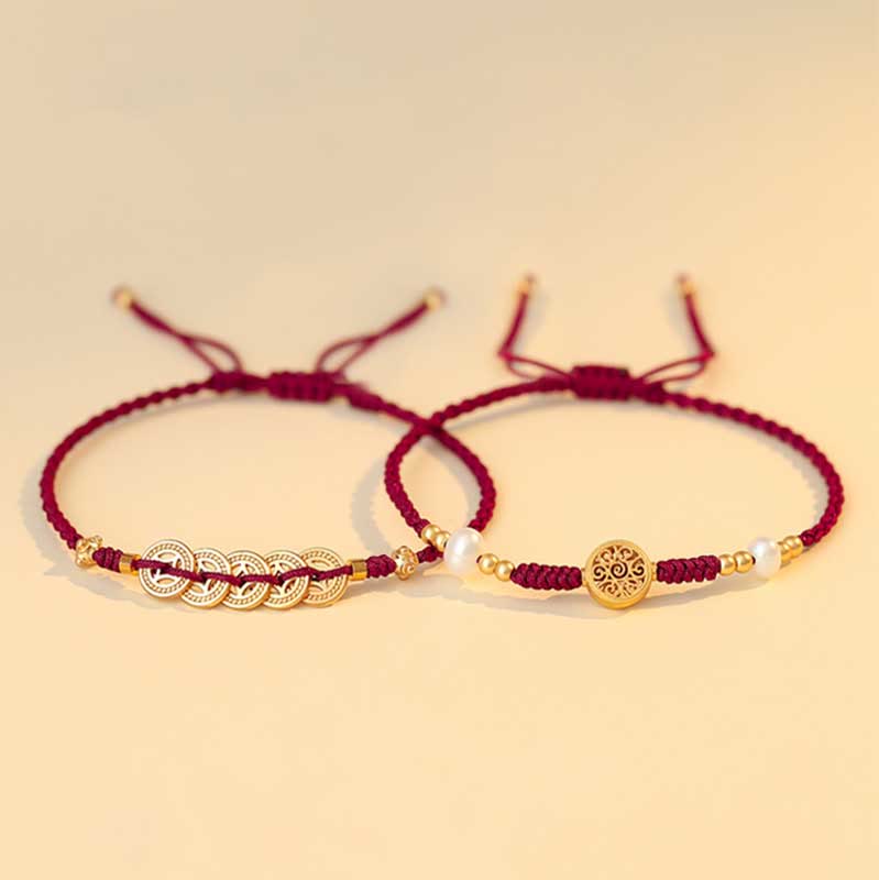 Hand-Braided Copper Tree of Life & Chinese Coin Red String Bracelet