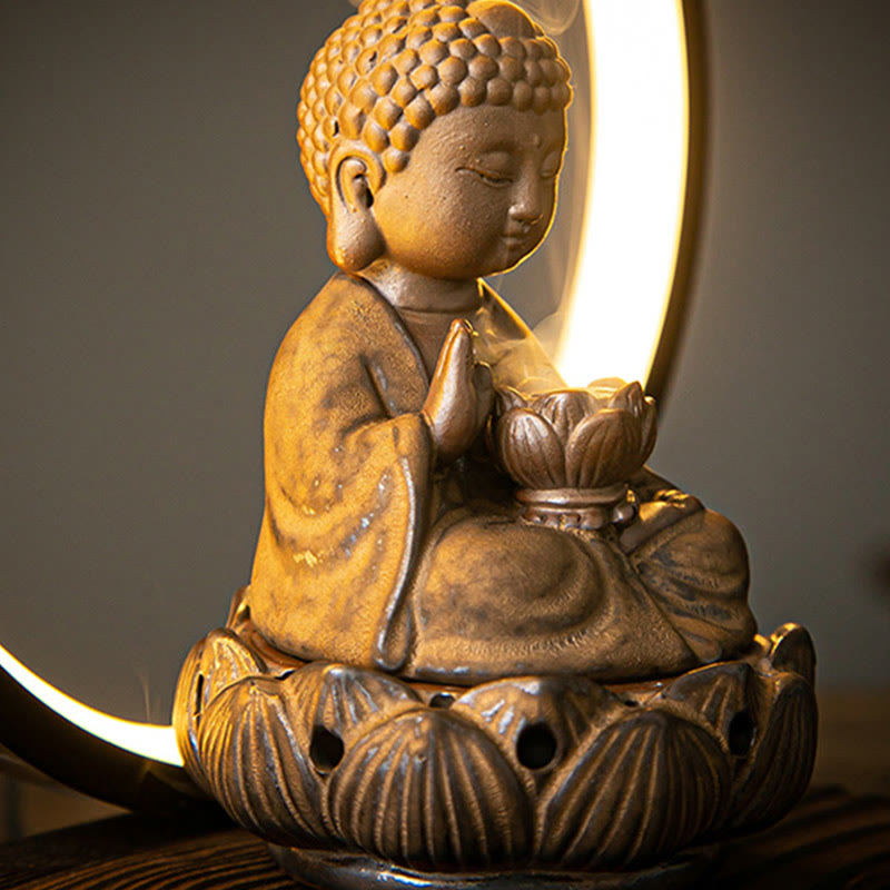 Handcrafted Ceramic Buddha Lotus Backflow Smoke Fountain Incense Burner with Light for Meditation & Yoga