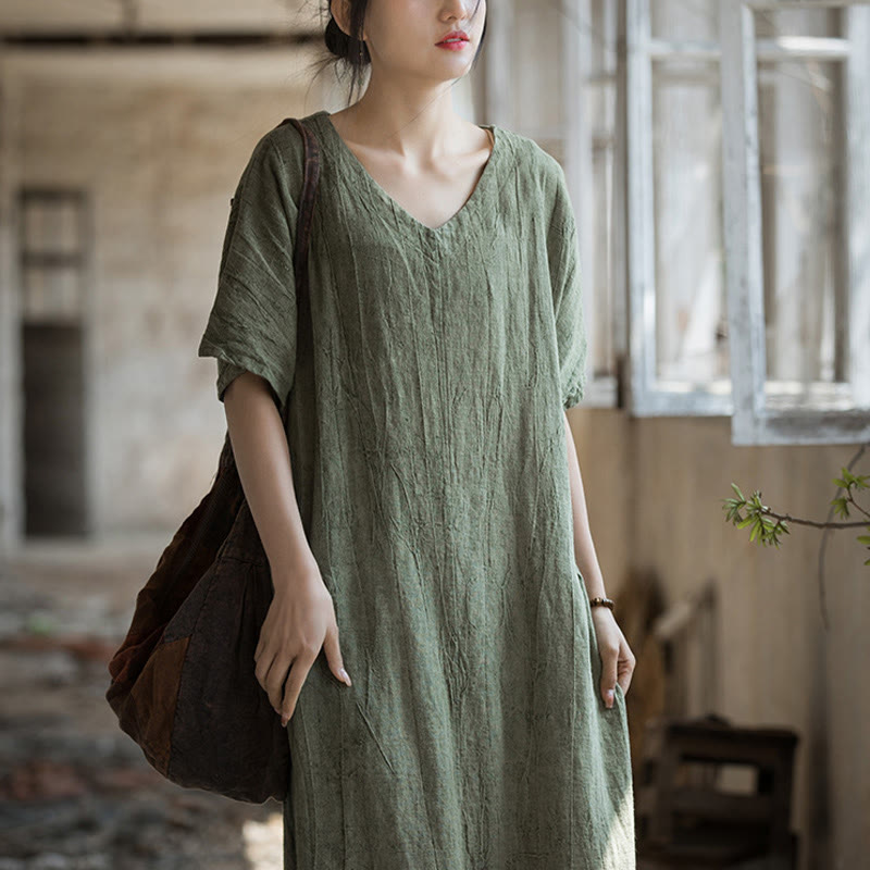 Handmade Tie Dye V-Neck Midi Dress Linen Short Sleeve Dress
