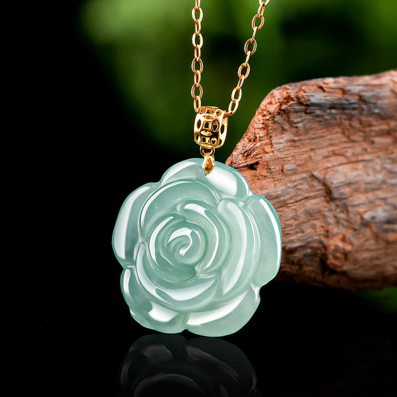 18K Gold Buckle 925 Sterling Silver Chain Natural Jade Rose Luck Necklace Pendant