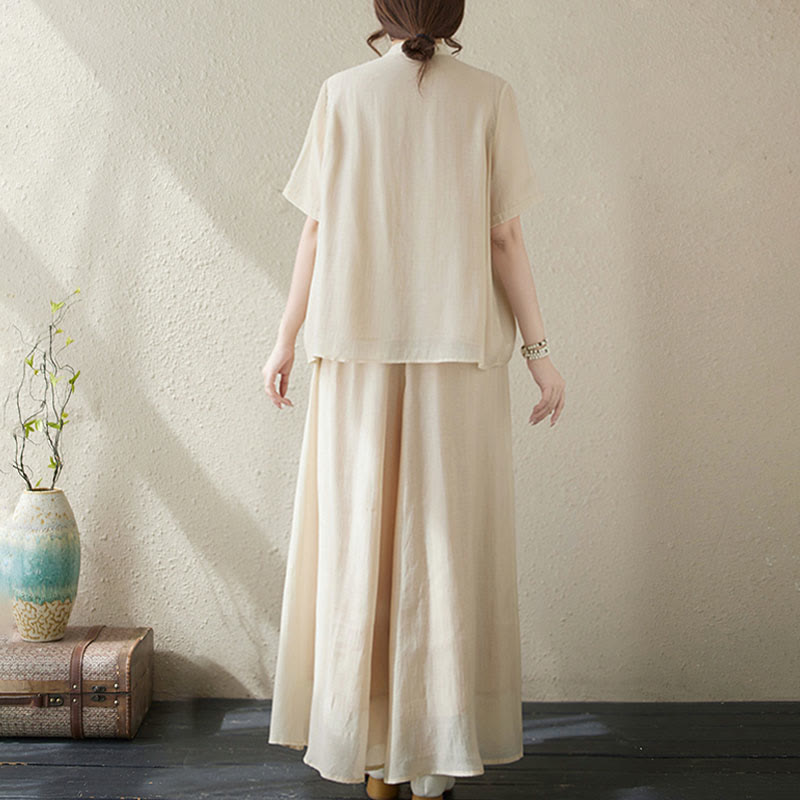 2Pcs Flower Embroidery Short Sleeve Tee T-shirt Wide Leg Pants Set