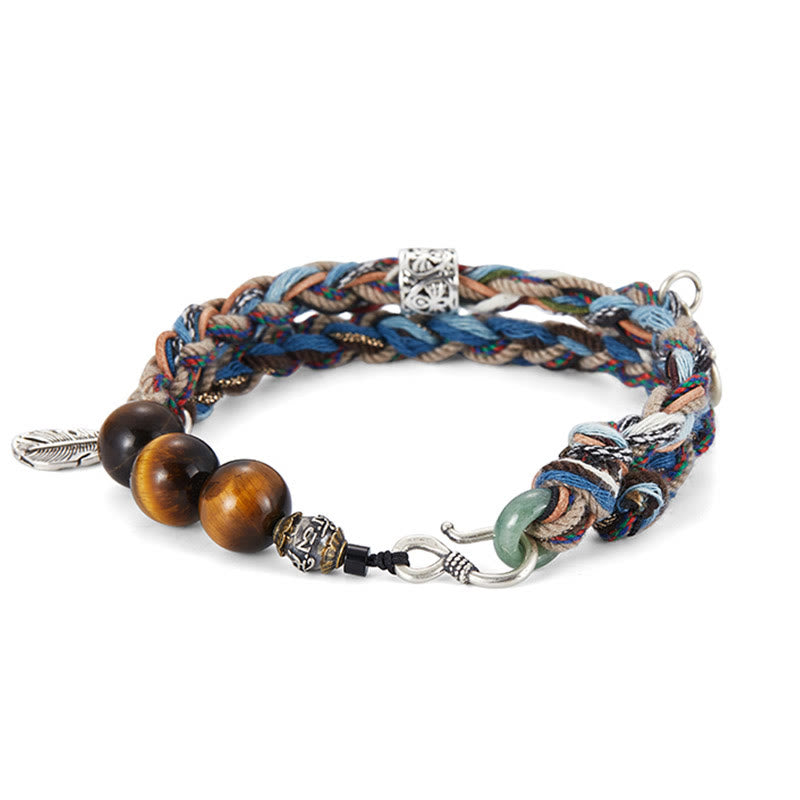 Handmade 925 Sterling Silver Tiger Eye & Jade Om Mani Padme Hum Colorful Rope Bracelet