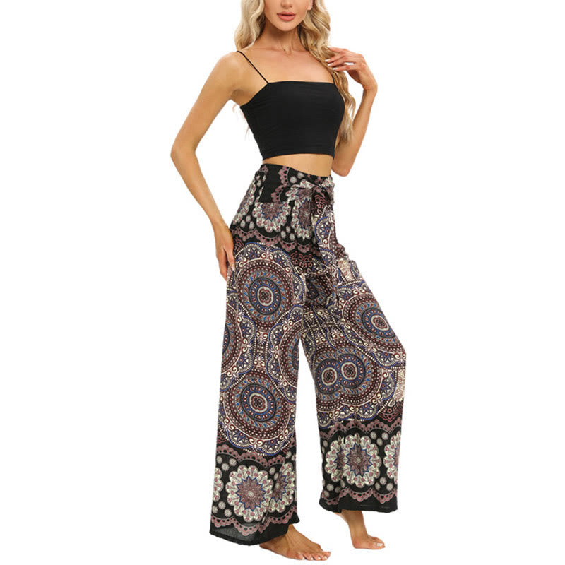 Boho Mandala Print Lace-up Wide Leg Pants Women's Yoga Pants