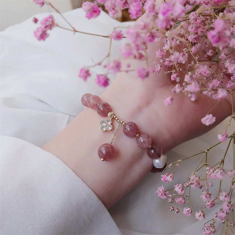 Natural Strawberry Quartz and Pearl Four-Leaf Clover Charm Bracelet