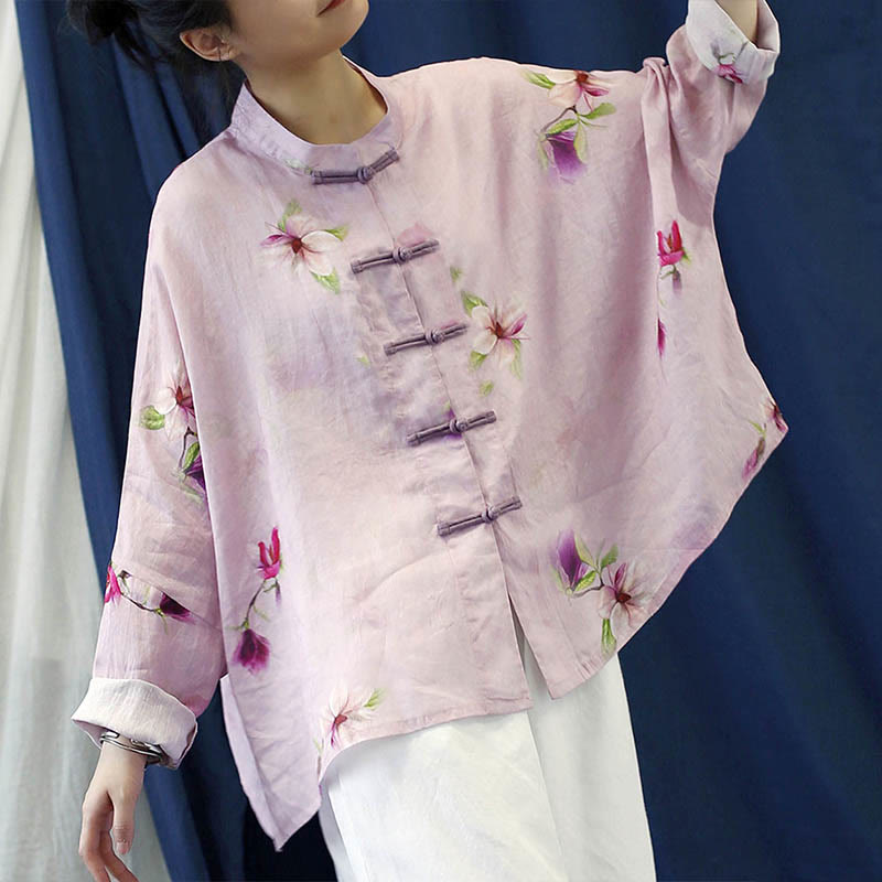Pink Flower Print Frog-button Design Batwing Long Sleeve Ramie Linen Jacket Shirt
