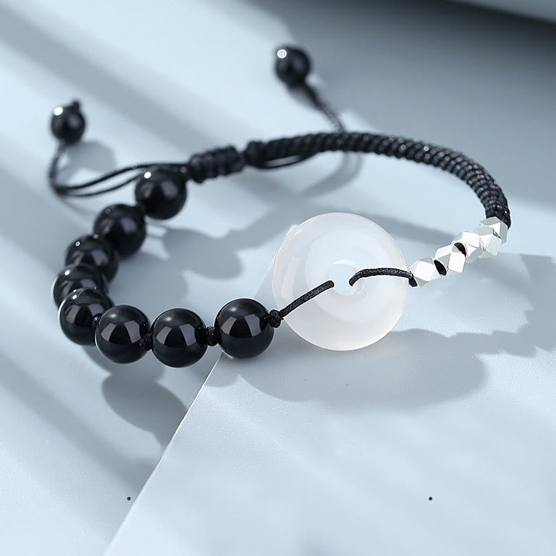 Adjustable 925 Sterling Silver Black Obsidian Agate Ping An Kou Peace Buckle Bracelet