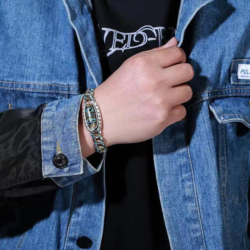Tibetan Nine-Eye Dzi Bead Om Mani Padme Hum Turquoise Protection Rotatable Bracelet