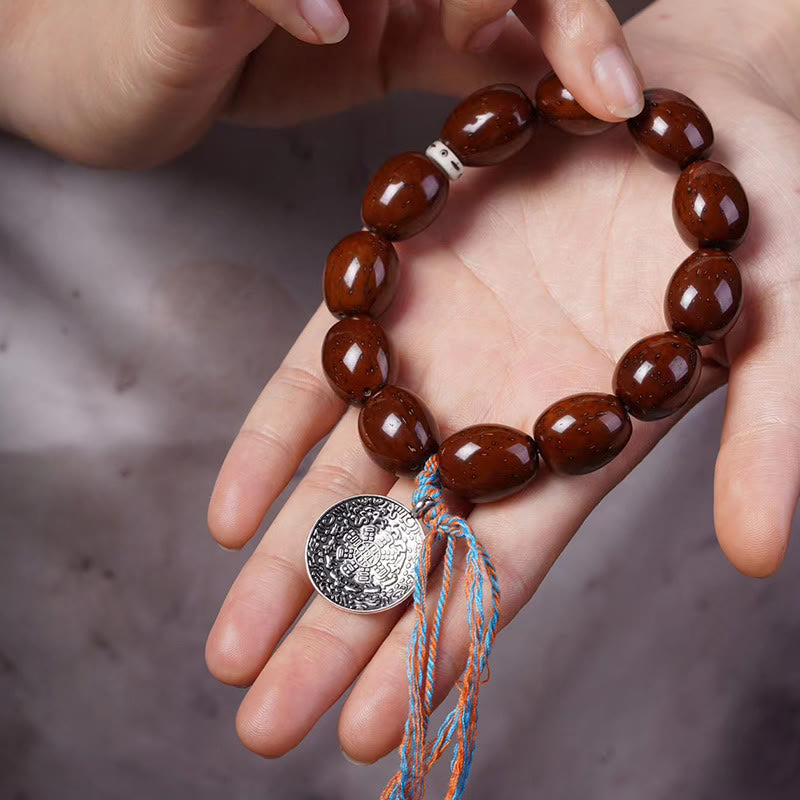 Tibetan Bodhi Seed Bracelet with Purple Gold Rat & Bagua Nine Palaces Charm