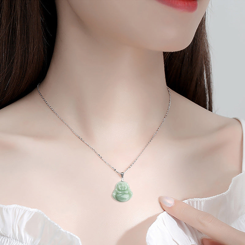 925 Sterling Silver Carved Jade Laughing Buddha Pendant Necklace