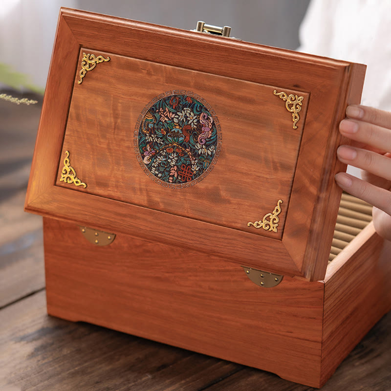 Handmade Antique Rosewood Double Layer Lockable Flower Jewelry Storage Box