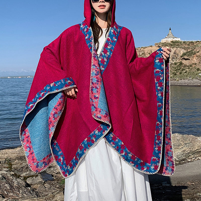 Tibetan Shawl Border Small Floral Flower Hooded Cloak Winter Cozy Travel Scarf Wrap