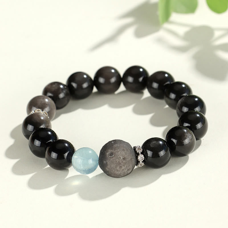 Natural Silver Sheen Obsidian Charm Bracelet with Rose Quartz, Aquamarine, Black & Clear Quartz