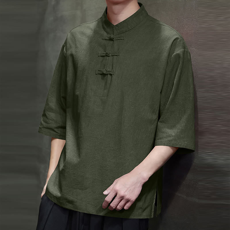 Cotton Linen Half-Sleeve Stand Collar Meditation Shirt