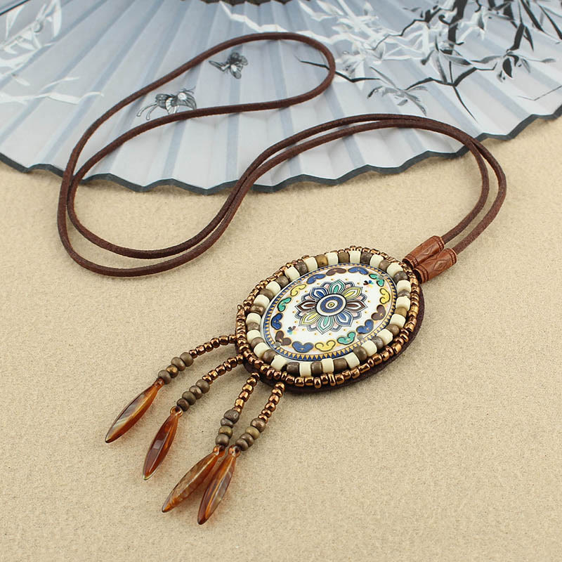 Mandala Pattern Geometric Creativity Pendant Necklace with Colorful Beads