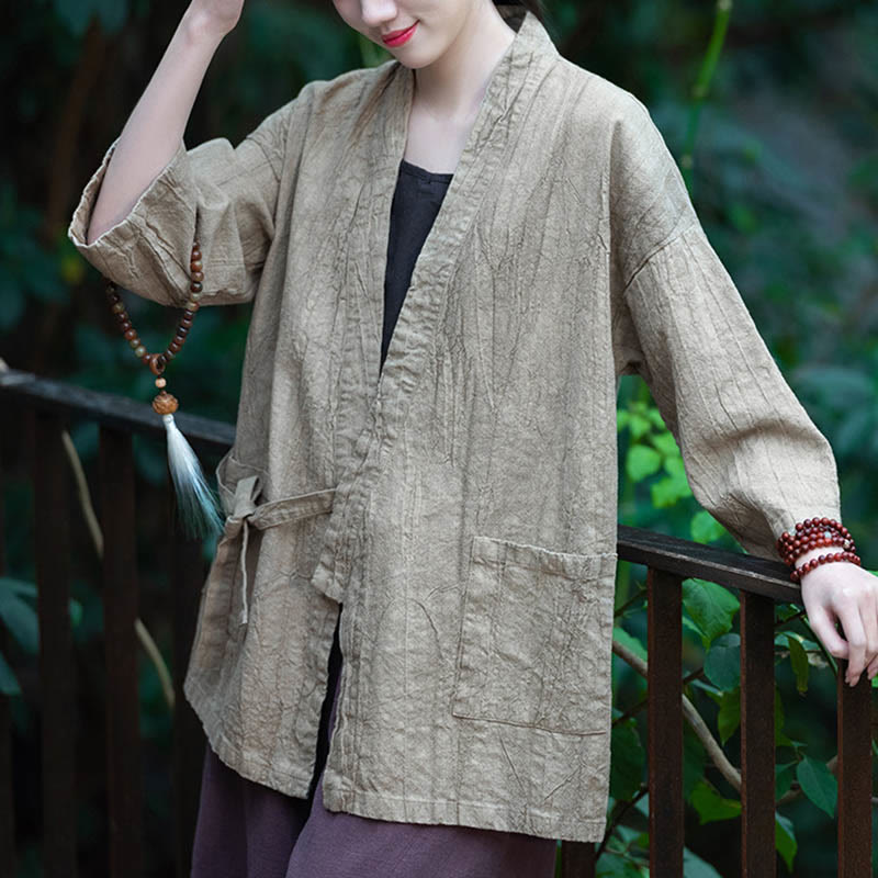 Hanfu Design Three Quarter Sleeve Ramie Linen Coat Open Front Top Jacket