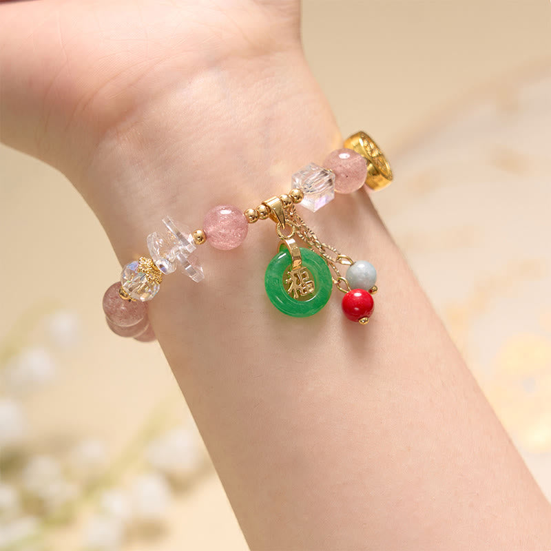 Pink Golden Silk Jade Bangle & Strawberry Quartz Beaded Bracelet Bundle Set