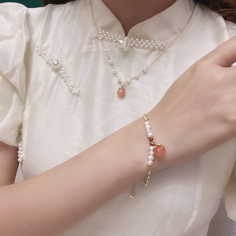 Gold-plated Copper Natural Yanyuan Agate Pearl Positive Necklace Pendant Bracelet Earrings Set