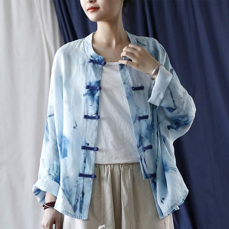 Tie Dye Blue Flowers Frog-Button Design Long Sleeve Ramie Linen Jacket Shirt