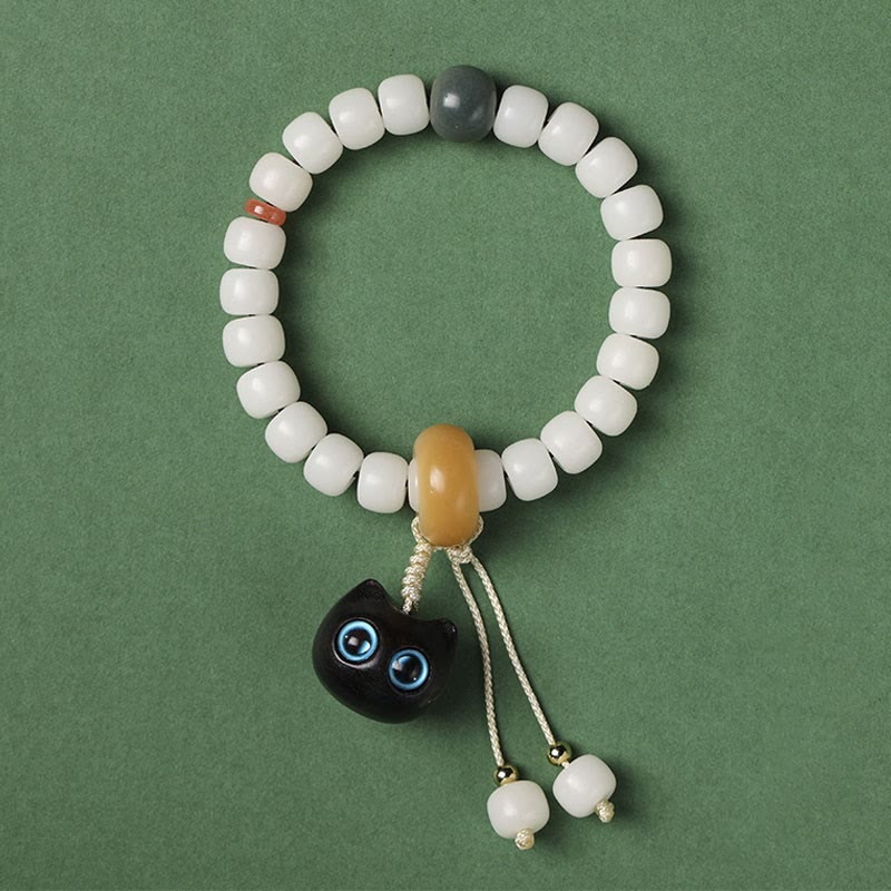 Natural Bodhi Seed and African Blackwood Beaded Bracelet with Hand-Finished Cat Charm