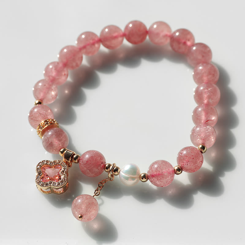 Strawberry Quartz & Pearl Bracelet with Four-Leaf Clover Charm