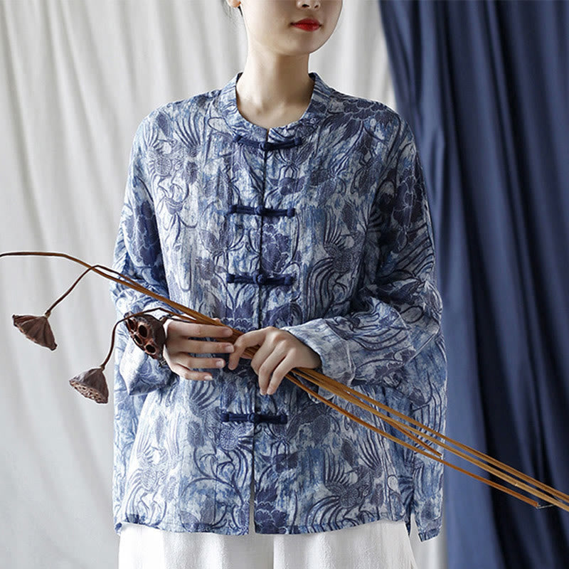 Ramie Linen Floral Stand Collar Meditation Jacket Shirt