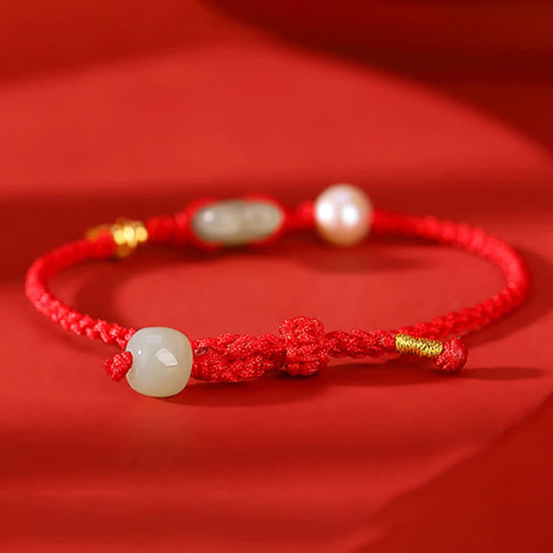 925 Sterling Silver Hetian Jade & Pearl Rabbit Chinese Coin Red String Bracelet