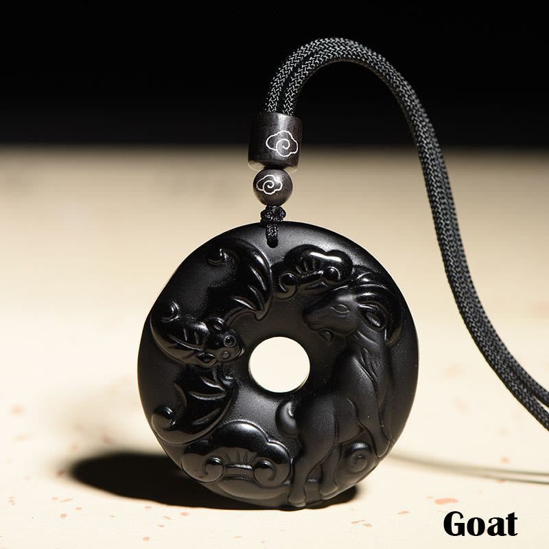 Chinese Zodiac Natural Black Obsidian Peace Buckle Strength Necklace Pendant