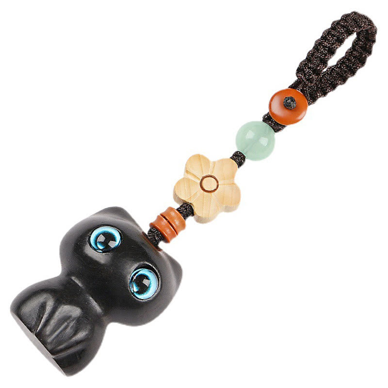 Hand-Carved Lucky Cat Wood Charm with Green Aventurine, Boxwood & Olive Wood Phone Keychain