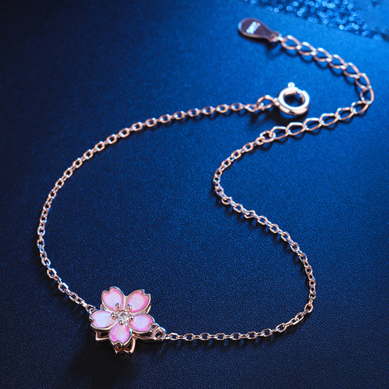 925 Sterling Silver Cherry Blossom Blessing Chain Bracelet Rotatable Ring