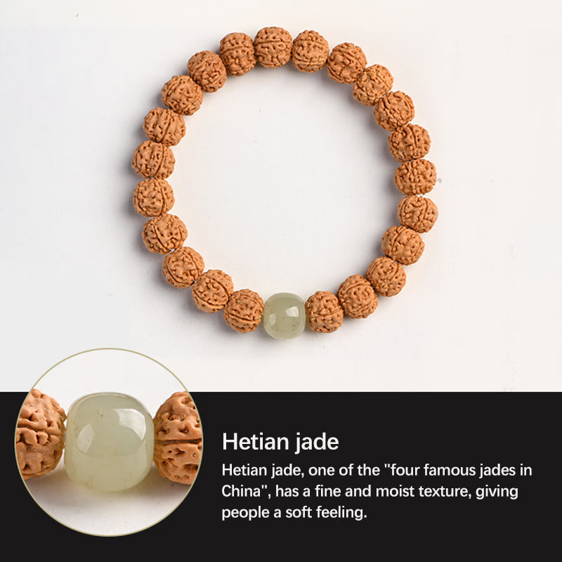 Tibetan Rudraksha & Bodhi Seed Bracelet with Hetian Jade and Gold Sheen Obsidian