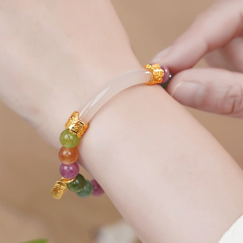 Vibrant Tourmaline & Chalcedony 'Fu' Character Charm Bracelet