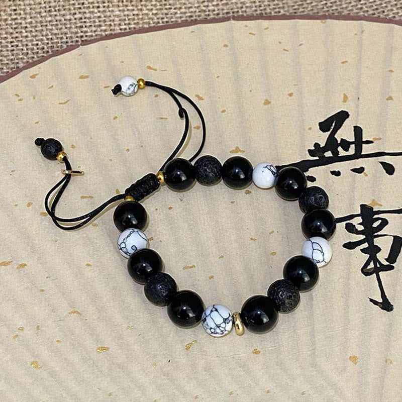 Natural Black Obsidian and Lava Rock Yin Yang Beaded Balance Bracelet