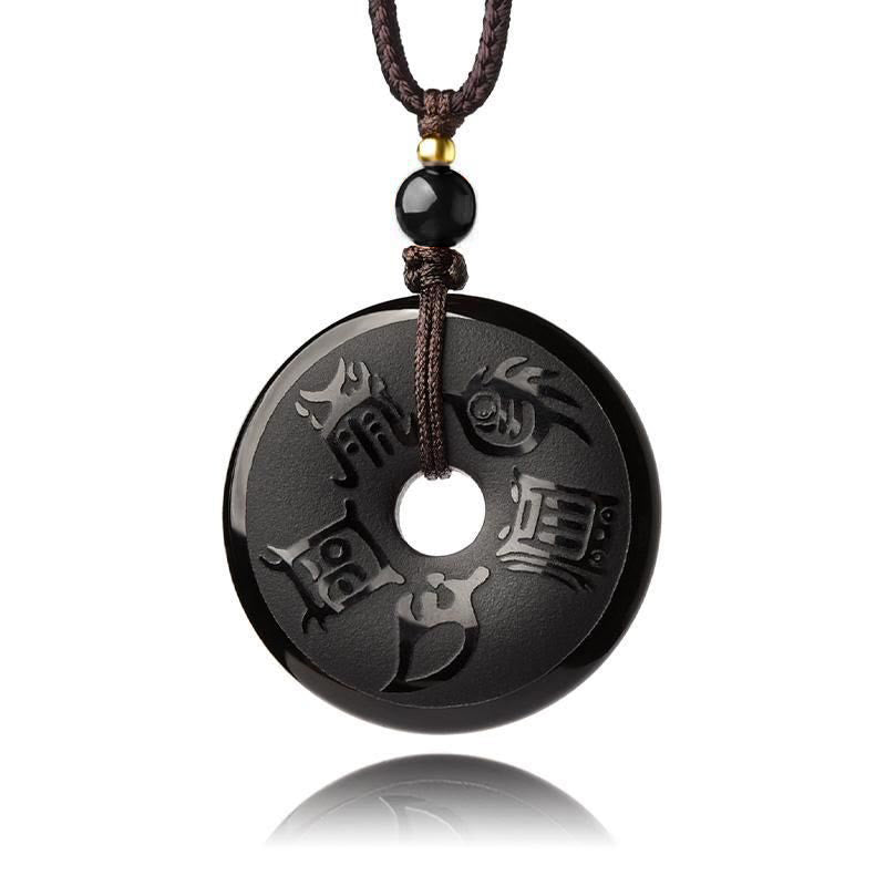 Black Obsidian Taoism Five Sacred Mountains Carved Strength Peace Buckle Necklace Pendant Key Chain Phone Hanging Decoration