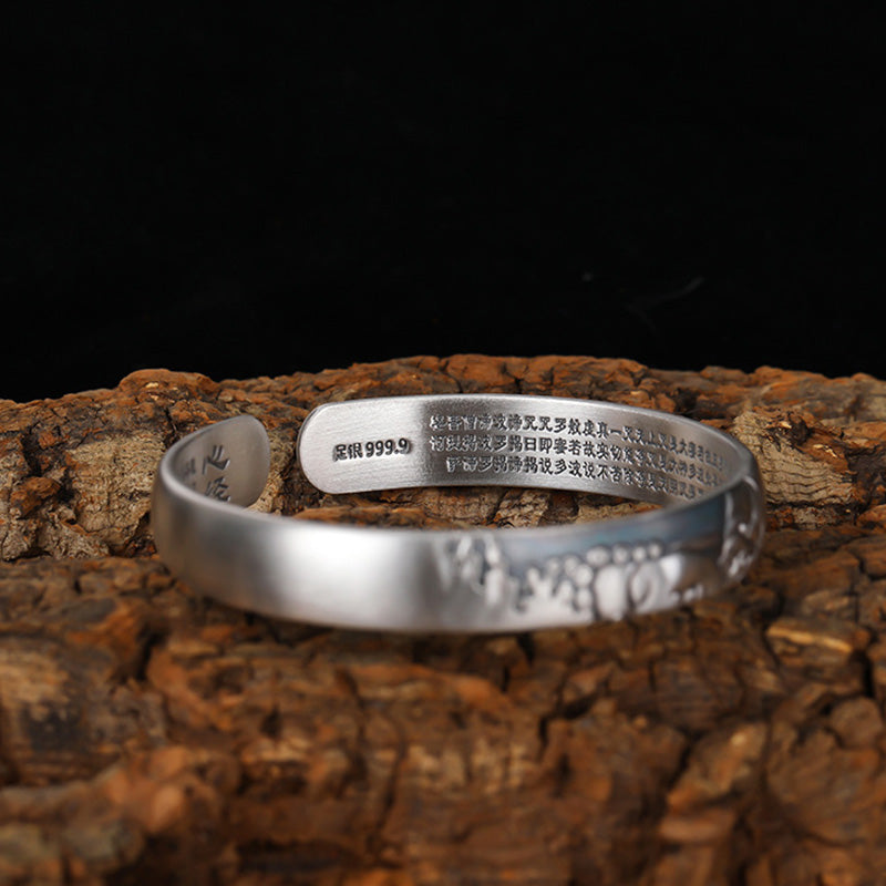 999 Sterling Silver Buddha Head Heart Sutra Serenity Bracelet Bangle