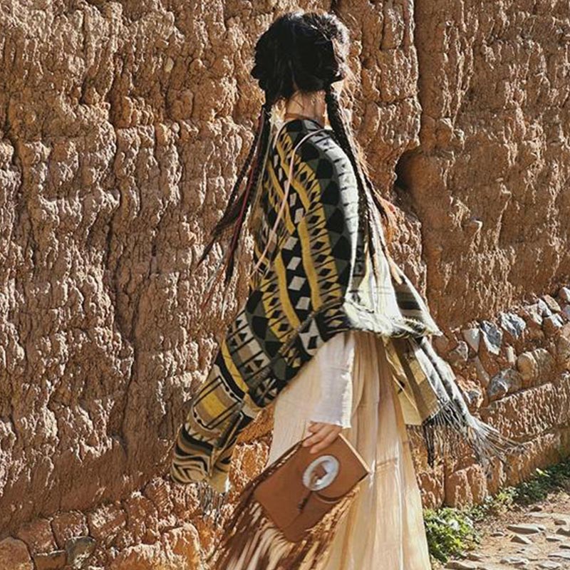 Tibetan Shawl Striped Geometric Pattern Winter Cozy Travel Tassel Scarf Wrap