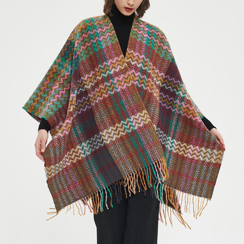 Tibetan Shawl Colorful Wavy Line Tassels Winter Cozy Travel Scarf Wrap