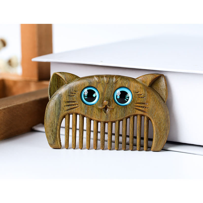Minimalist Cat Pattern Green Sandalwood Portable Pocket Comb