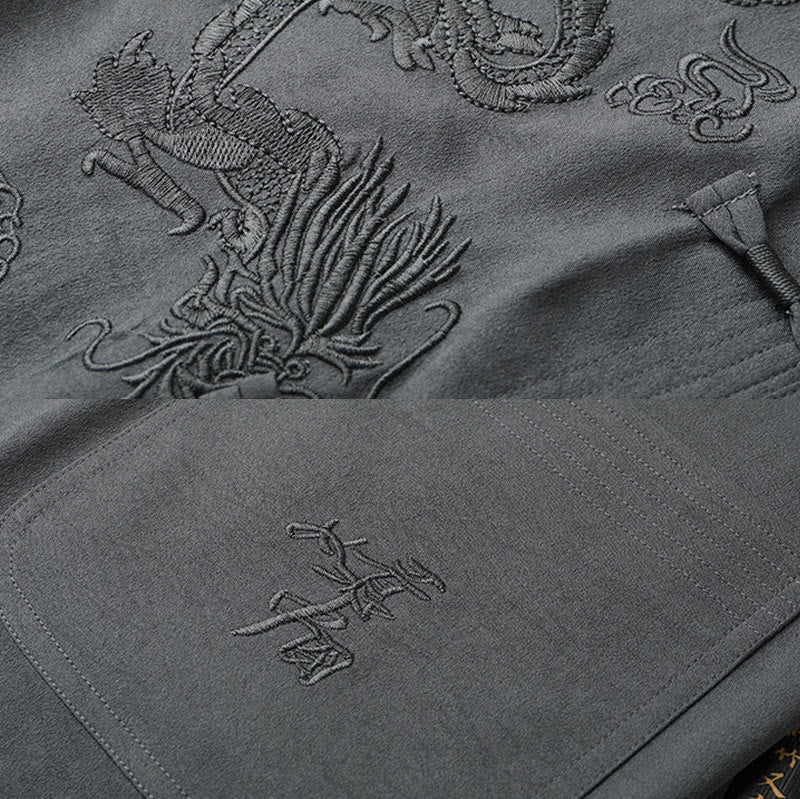 Tang Suit Hanfu Chinese Dragon Traditional Kung Fu Uniform Short Sleeve Tops and Pants Clothing Men's Set