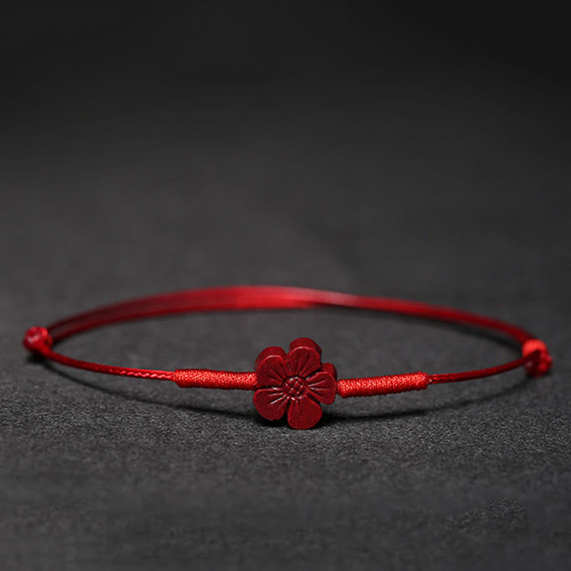Handmade Cinnabar Braided Red String Bracelet with Carved Symbolic Charms