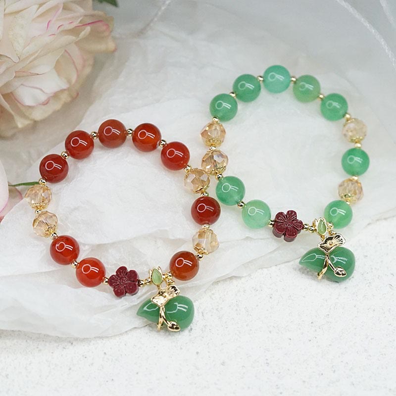 Natural Agate and Clear Quartz Beaded Bracelet with Cinnabar Flower and Wu Lou Gourd
