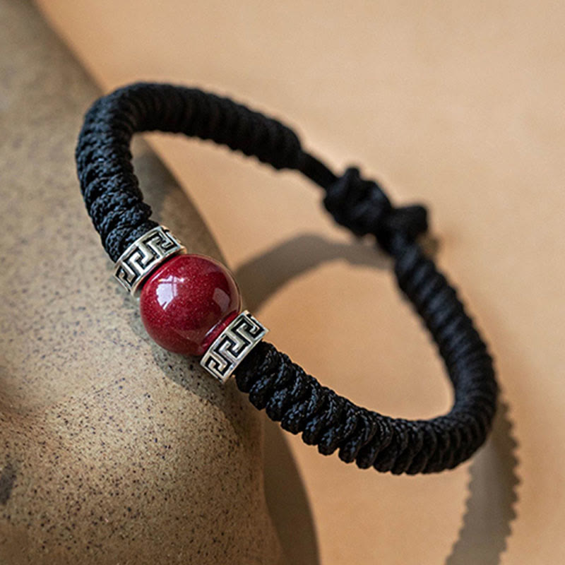 Handmade 925 Sterling Silver and Natural Cinnabar Braided Red String Bracelet