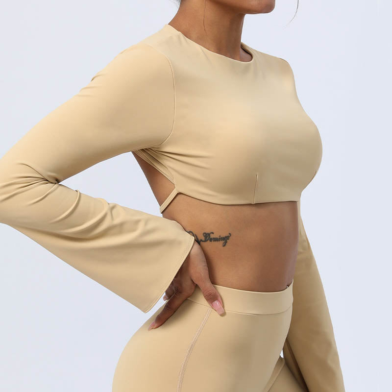 Long Sleeve Backless Strap Top Bra Flare Pants Fitness Yoga Outfit