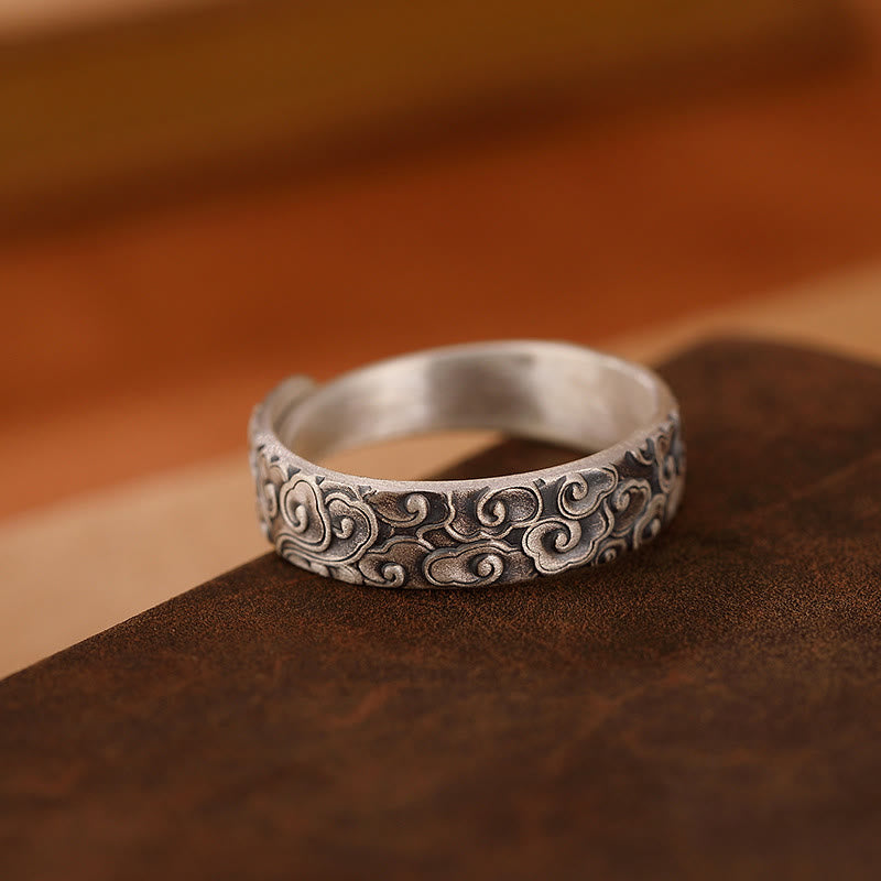 999 Sterling Silver Lotus Flower Plum Blossom Auspicious Clouds Engraved Enlightenment Ring
