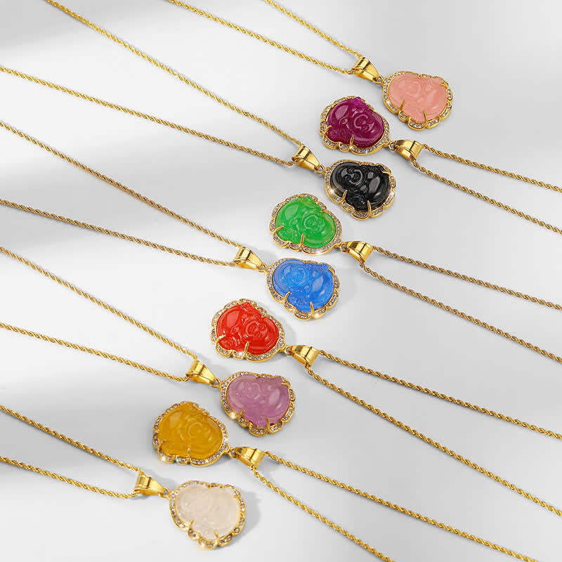 18K Gold Filled Laughing Buddha Jade Luck Necklace Chain Pendant