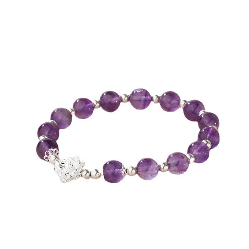 Natural Amethyst & 925 Sterling Silver Lotus Charm Handmade Stretch Bracelet