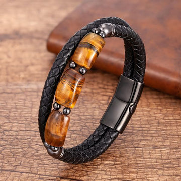 Natural Tiger Eye and Hematite Leather Bracelet with Magnetic Buckle